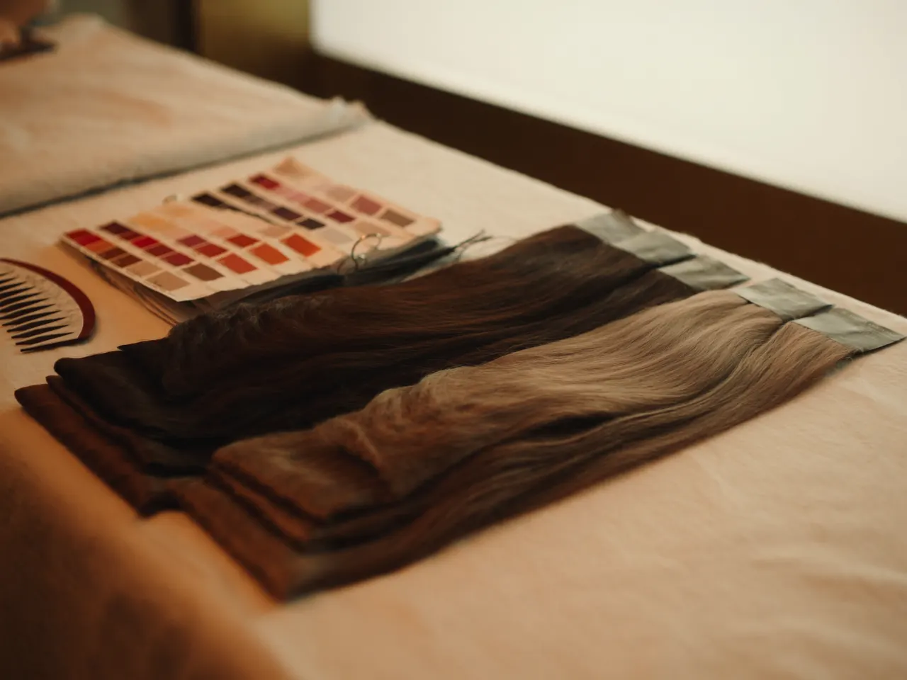 Premium hair extension bundles in natural brunette and ash tones with a colour palette